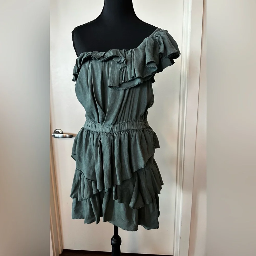 Isabel Marant Etoile One -Shoulder Ruffled Mini Dress in Sage Green. Size M. - Picture 2 of 16